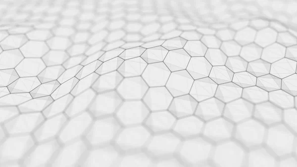 Futuristic white hexagon background. Futuristic honeycomb concept. Wave of particles. 3D rendering.