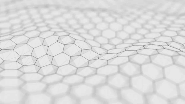 Futuristiska vit hexagon bakgrund. Futuristiska honeycomb koncept. Vinka med partiklar. 3D-rendering. — Stockfoto