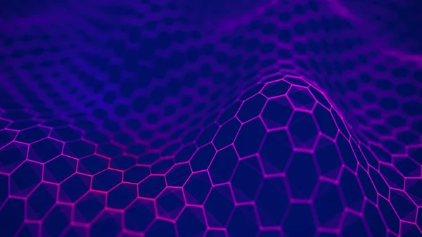 Futuristico sfondo esagonale blu. Futuristico concetto a nido d'ape. Ondata di particelle. rendering 3D. Antecedenti tecnologici — Foto Stock