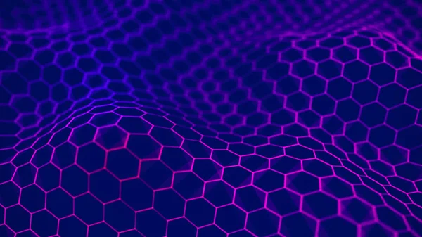 Futuristic blue hexagon background. Futuristic honeycomb concept. Wave of particles. 3D rendering. Data technology background — Stock Photo, Image