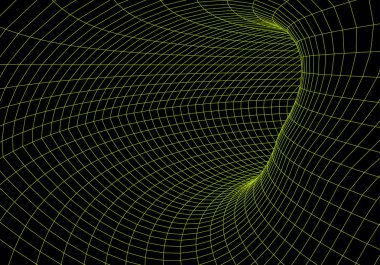 Tünel ya da solucan deliği. Dijital 3D kablo çerçeveli tünel. Üç boyutlu tünel ızgarası. Ağ siber teknolojisi. Sürrealizm. Arkaplan soyut vektör resmi