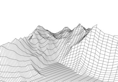 Wireframe 3D landscape mountains. Futuristic 3D cartography. Wireframe landscape wire. Cyberspace grid.