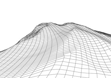 Wireframe 3D landscape mountains. Futuristic 3D cartography. Wireframe landscape wire. Cyberspace grid.