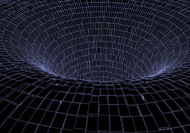 Tünel ya da solucan deliği. Dijital 3D kablo çerçeveli tünel. Üç boyutlu tünel ızgarası. Ağ siber teknolojisi. Sürrealizm. Arkaplan soyut vektör resmi