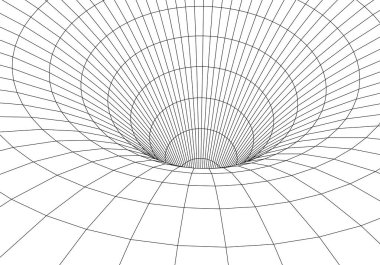 Tünel ya da solucan deliği. Dijital 3D kablo çerçeveli tünel. Üç boyutlu tünel ızgarası. Ağ siber teknolojisi. Sürrealizm. Arkaplan soyut vektör resmi