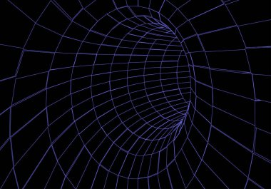 Tünel ya da solucan deliği. Dijital 3D kablo çerçeveli tünel. Üç boyutlu tünel ızgarası. Ağ siber teknolojisi. Sürrealizm. Arkaplan soyut vektör resmi