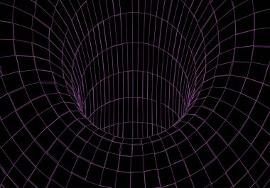 Tünel ya da solucan deliği. Dijital 3D kablo çerçeveli tünel. Üç boyutlu tünel ızgarası. Ağ siber teknolojisi. Sürrealizm. Arkaplan soyut vektör resmi