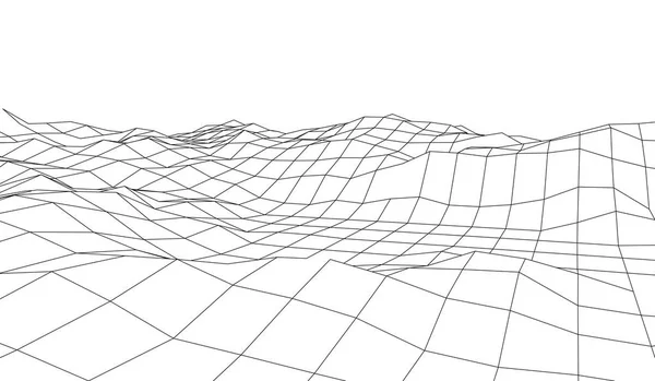 Wireframe 3D landscape mountains. Futuristic 3D cartography. Wireframe landscape wire. Cyberspace grid. — Stok Vektör