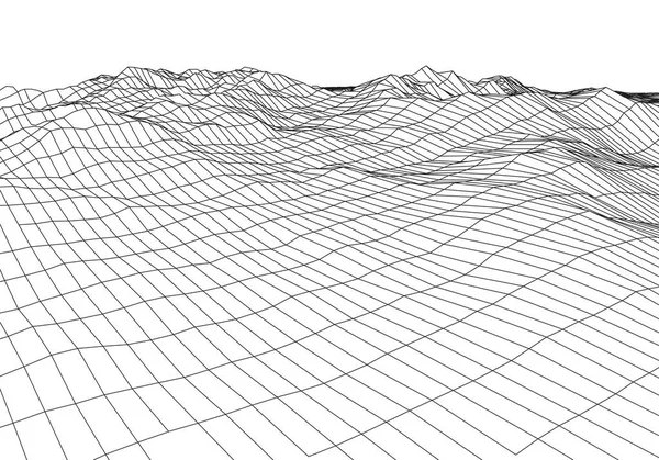 Wireframe paysage 3D montagnes. Cartographie 3D futuriste. Fil paysage Wireframe. Grille cyberespace . — Image vectorielle