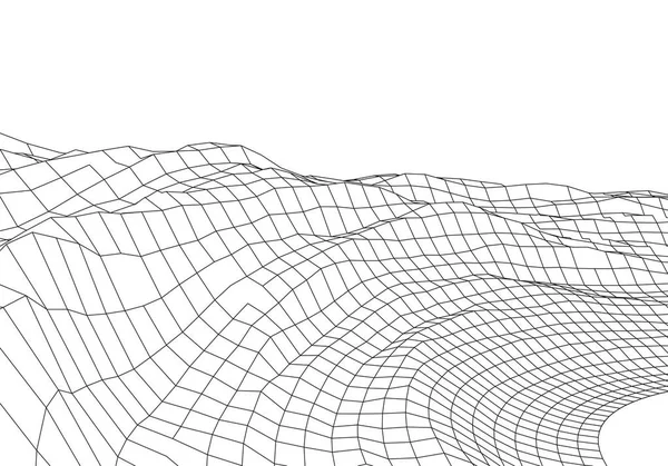 Wireframe 3D landscape mountains. Futuristic 3D cartography. Wireframe landscape wire. Cyberspace grid. — Stok Vektör