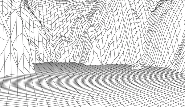 Montagne panoramiche wireframe 3D. Cartografia 3D futuristica. Filo orizzontale wireframe. Griglia ciberspazio . — Vettoriale Stock