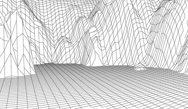 Wireframe 3d βουνά τοπίο. Μελλοντική τρισδιάστατη χαρτογραφία. Καλώδιο τοπίου Wireframe. Δίκτυο κυβερνοχώρου. — Διανυσματικό Αρχείο