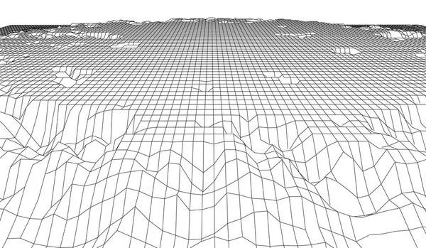 Wireframe 3d βουνά τοπίο. Μελλοντική τρισδιάστατη χαρτογραφία. Καλώδιο τοπίου Wireframe. Δίκτυο κυβερνοχώρου. — Διανυσματικό Αρχείο
