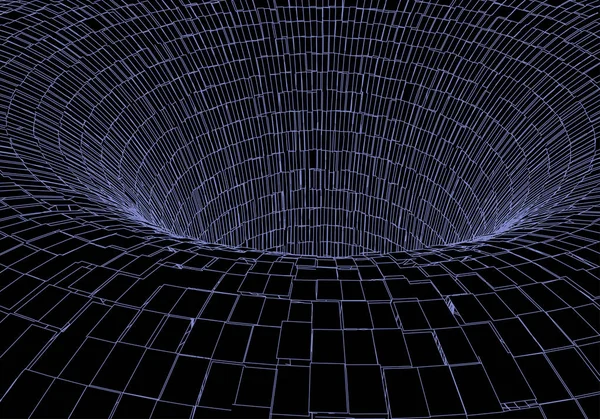 Túnel o agujero de gusano. Túnel alámbrico 3D digital. Túnel 3D. Red de tecnología cibernética. Surrealismo. Fondo abstracto vector imagen — Vector de stock