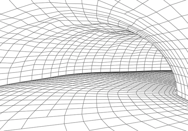 Tunel nebo červí díra. Digitální 3D drátový tunel. 3D tunelová síť. Síťová kybernetická technologie. Surrealismus. Abstraktní vektorový obrázek pozadí — Stockový vektor