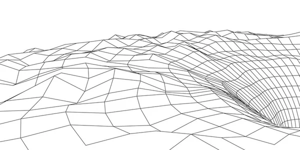 Wireframe 3d landschap bergen. Futuristische 3D cartografie. Draadframe landschapsdraad. Cyberruimtenet. — Stockvector