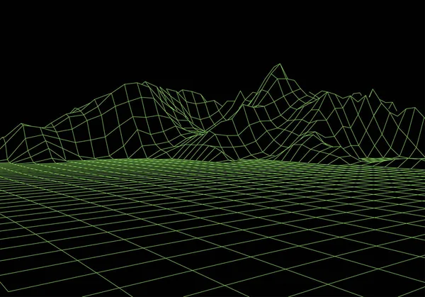 Montañas de paisaje 3D Wireframe. Cartografía futurista en 3D. Alambre de paisaje Wireframe. Rejilla ciberespacial . — Archivo Imágenes Vectoriales