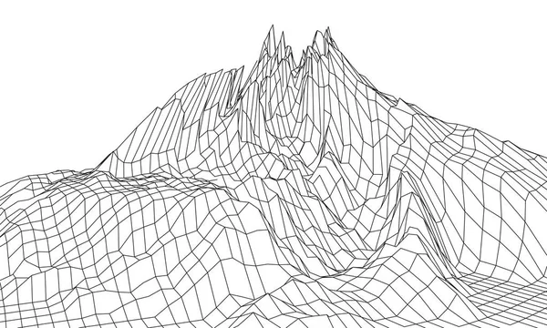 ワイヤーフレーム3D風景山。未来の3D地図製作者。ワイヤーフレームの風景線。サイバースペース・グリッド. — ストックベクタ