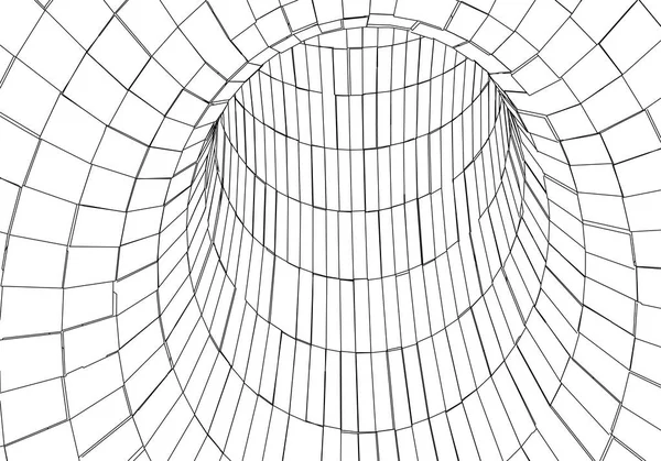 Tunel nebo červí díra. Digitální 3D drátový tunel. 3D tunelová síť. Síťová kybernetická technologie. Surrealismus. Abstraktní vektorový obrázek pozadí — Stockový vektor