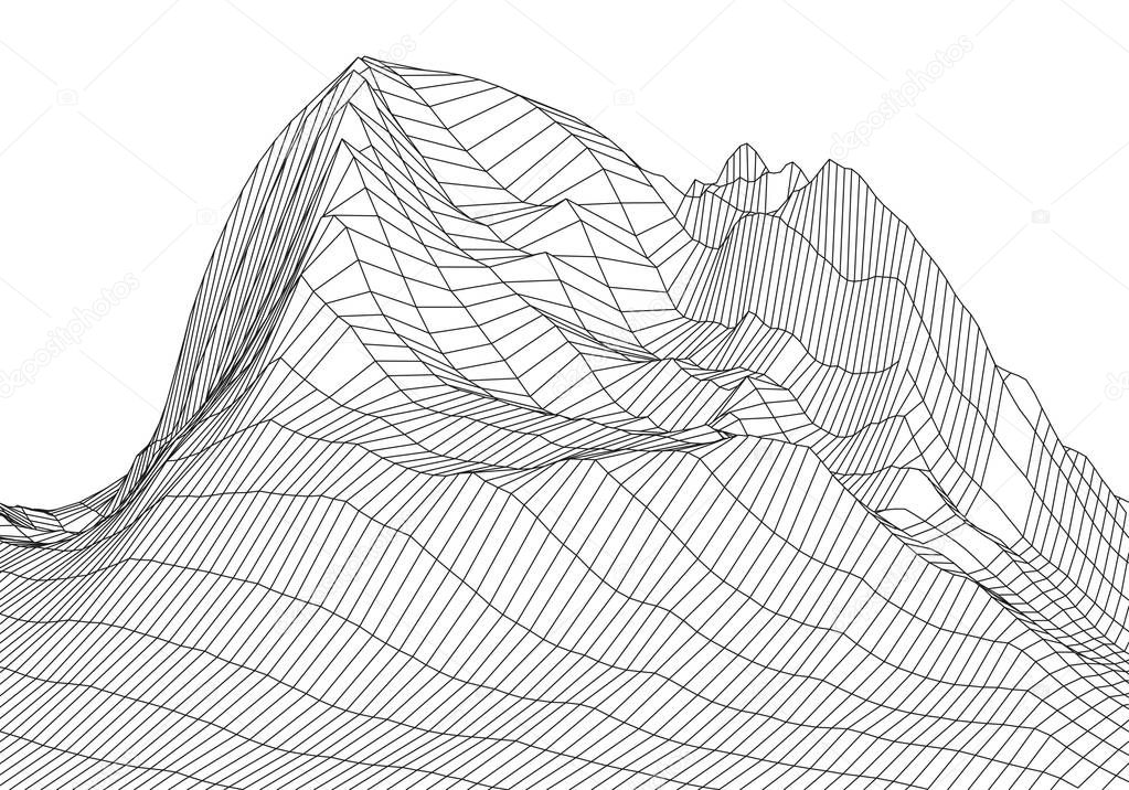 Wireframe 3D landscape mountains. Futuristic 3D cartography. Wireframe landscape wire. Cyberspace grid.