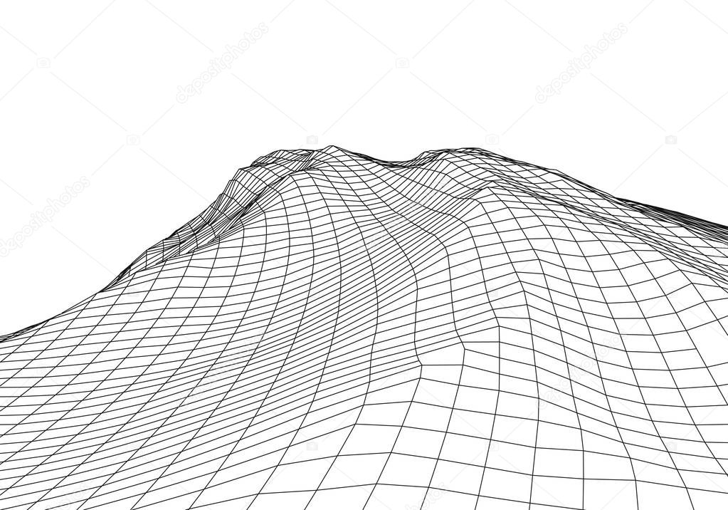 Wireframe 3D landscape mountains. Futuristic 3D cartography. Wireframe landscape wire. Cyberspace grid.