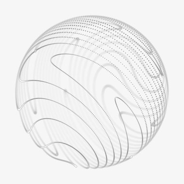 Soyut 3D küre. Bükülme çizgileri olan küre. Logo tasarımını büken parlak çizgiler. Dış uzay nesnesi. Gelecekçi teknoloji tarzı. Küre parçacıkları. 3d oluşturma.