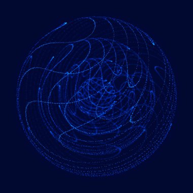 Soyut 3D küre. Bükülme çizgileri olan küre. Logo tasarımını büken parlak çizgiler. Dış uzay nesnesi. Gelecekçi teknoloji tarzı. Küre parçacıkları. 3d oluşturma.