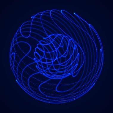 Soyut 3D küre. Bükülme çizgileri olan küre. Logo tasarımını büken parlak çizgiler. Dış uzay nesnesi. Gelecekçi teknoloji tarzı. Küre parçacıkları. 3d oluşturma.