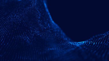 3 boyutlu dalga. Parçacık dalgası. Soyut Mavi Geometrik Arkaplan. Büyük veri görselleştirmesi. Veri teknolojisi soyut gelecek çizimi. 3d oluşturma.