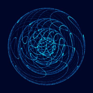 Soyut 3D küre. Bükülme çizgileri olan küre. Logo tasarımını büken parlak çizgiler. Dış uzay nesnesi. Gelecekçi teknoloji tarzı. Küre parçacıkları. 3d oluşturma.