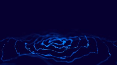 3 boyutlu dalga. Parçacık dalgası. Soyut dijital parçacıkların parladığı üç boyutlu arka plan. Veri teknolojisi çizimi. Büyük veri görselleştirmesi. 3d oluşturma.