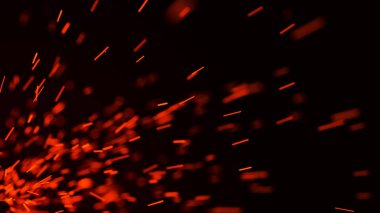 Yangın arka plan kıvılcımları. Kıvılcımlar saçar. Uçan kıvılcımlar. Bulanık parlak ışık. 3B görüntüleme