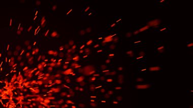 Yangın arka plan kıvılcımları. Kıvılcımlar saçar. Uçan kıvılcımlar. Bulanık parlak ışık. 3B görüntüleme