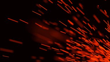 Yangın arka plan kıvılcımları. Kıvılcımlar saçar. Uçan kıvılcımlar. Bulanık parlak ışık. 3B görüntüleme