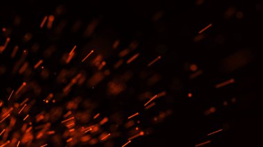Yangın arka plan kıvılcımları. Kıvılcımlar saçar. Uçan kıvılcımlar. Bulanık parlak ışık. 3B görüntüleme