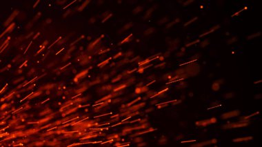 Yangın arka plan kıvılcımları. Kıvılcımlar saçar. Uçan kıvılcımlar. Bulanık parlak ışık. 3B görüntüleme