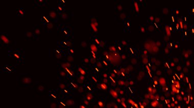 Yangın arka plan kıvılcımları. Kıvılcımlar saçar. Uçan kıvılcımlar. Bulanık parlak ışık. 3B görüntüleme