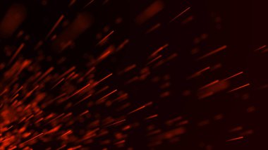 Yangın arka plan kıvılcımları. Kıvılcımlar saçar. Uçan kıvılcımlar. Bulanık parlak ışık. 3B görüntüleme