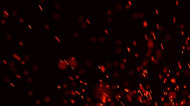 Yangın arka plan kıvılcımları. Kıvılcımlar saçar. Uçan kıvılcımlar. Bulanık parlak ışık. 3B görüntüleme