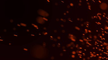 Yangın arka plan kıvılcımları. Kıvılcımlar saçar. Uçan kıvılcımlar. Bulanık parlak ışık. 3B görüntüleme