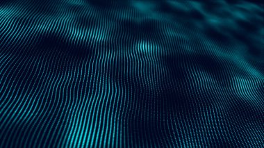 3 boyutlu dalga. Parçacık dalgası. Soyut Mavi Geometrik Arkaplan. Büyük veri görselleştirmesi. Veri teknolojisi soyut gelecek çizimi. 3d oluşturma.