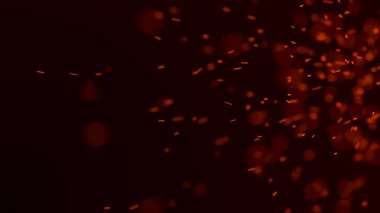 Yangın arka plan kıvılcımları. Kıvılcımlar saçar. Uçan kıvılcımlar. Bulanık parlak ışık. 3B görüntüleme