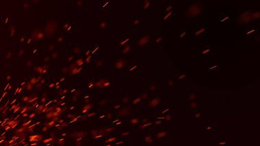 Yangın arka plan kıvılcımları. Kıvılcımlar saçar. Uçan kıvılcımlar. Bulanık parlak ışık. 3B görüntüleme