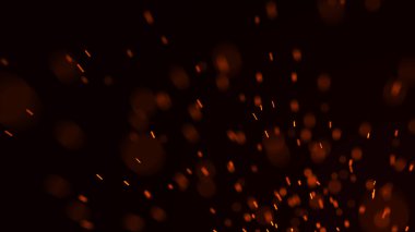 Yangın arka plan kıvılcımları. Kıvılcımlar saçar. Uçan kıvılcımlar. Bulanık parlak ışık. 3B görüntüleme