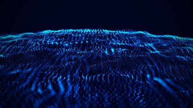 3 boyutlu dalga. Parçacık dalgası. Soyut Mavi Geometrik Arkaplan. Büyük veri görselleştirmesi. Veri teknolojisi soyut gelecek çizimi. 3d oluşturma.