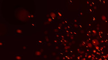 Yangın arka plan kıvılcımları. Kıvılcımlar saçar. Uçan kıvılcımlar. Bulanık parlak ışık. 3B görüntüleme