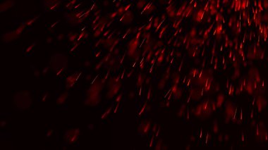 Yangın arka plan kıvılcımları. Kıvılcımlar saçar. Uçan kıvılcımlar. Bulanık parlak ışık. 3B görüntüleme