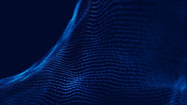 3 boyutlu dalga. Parçacık dalgası. Soyut Mavi Geometrik Arkaplan. Büyük veri görselleştirmesi. Veri teknolojisi soyut gelecek çizimi. 3d oluşturma.