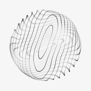 Soyut 3D küre. Bükülme çizgileri olan küre. Logo tasarımını büken parlak çizgiler. Dış uzay nesnesi. Gelecekçi teknoloji tarzı. Küre parçacıkları. 3d oluşturma.