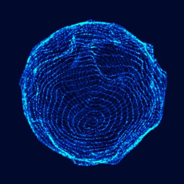 Soyut 3D küre. Bükülme çizgileri olan küre. Logo tasarımını büken parlak çizgiler. Dış uzay nesnesi. Gelecekçi teknoloji tarzı. Küre parçacıkları. 3d oluşturma.